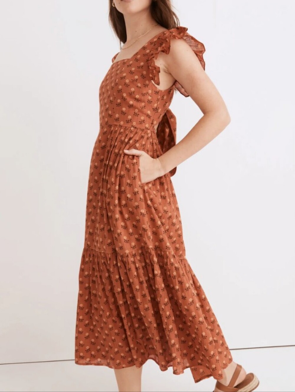 Madewell Ruffle-Strap Tiered Midi Dress in Wild Calendula Block-Print